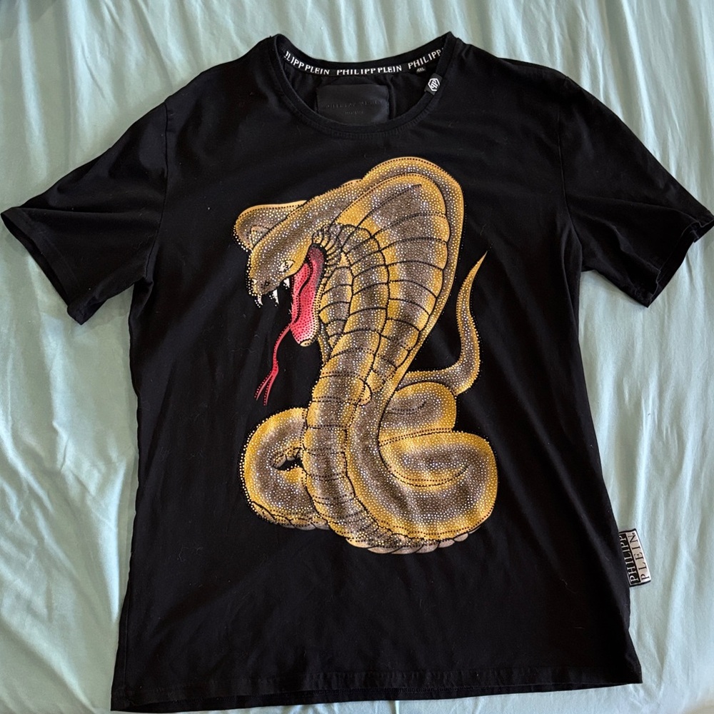 Men’s Philipp Plein Black T-Shirt with Gold Rhinestone Snake Design